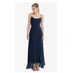 Scoop Neck Ruffle-Trimmed High Low Maxi Dress in Midnight Navy